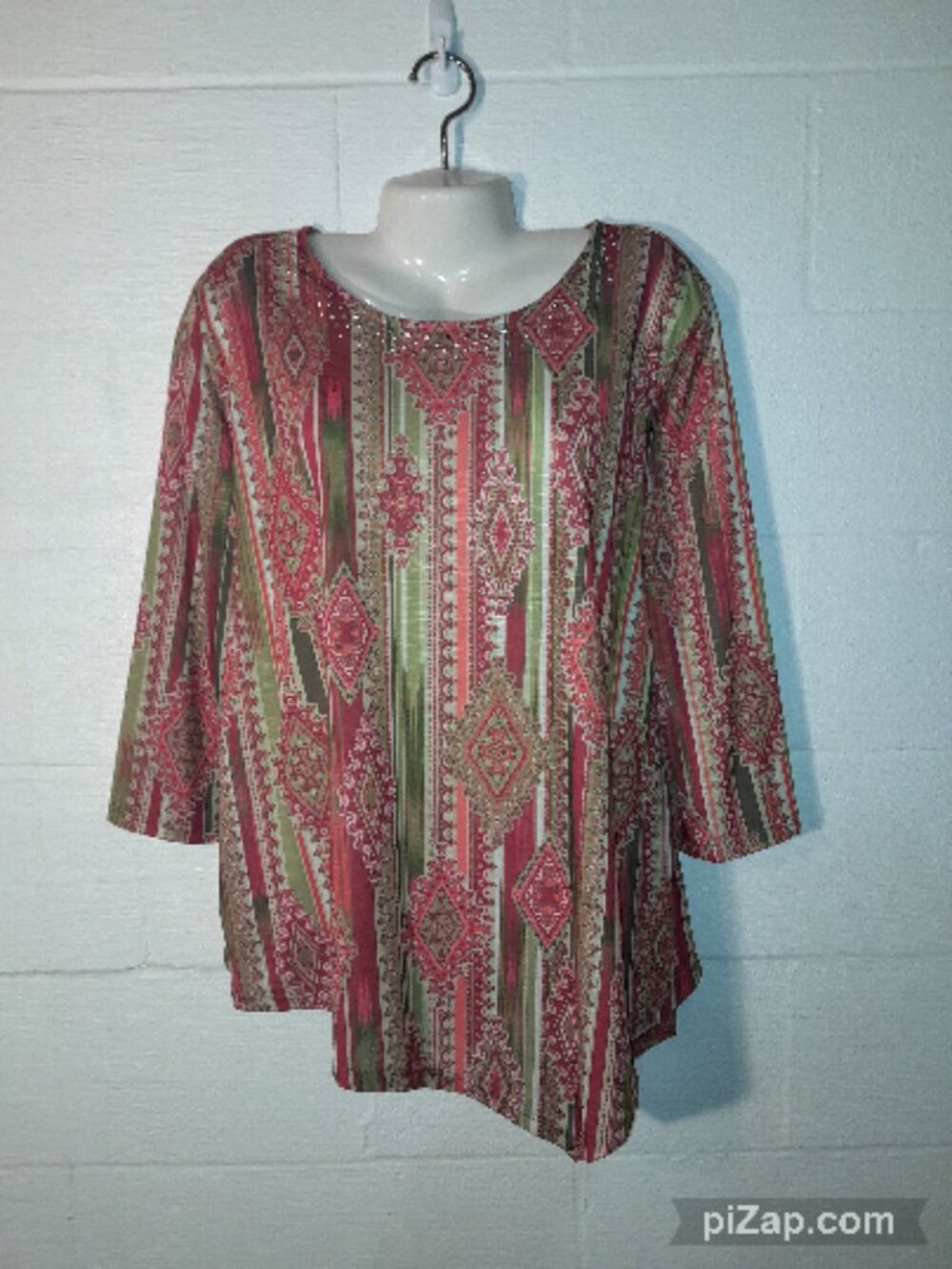 Ruby Rd 1X Plus Size Tunic Top Rhinestone Scoop Neck Colorful Autumn Fall Blouse